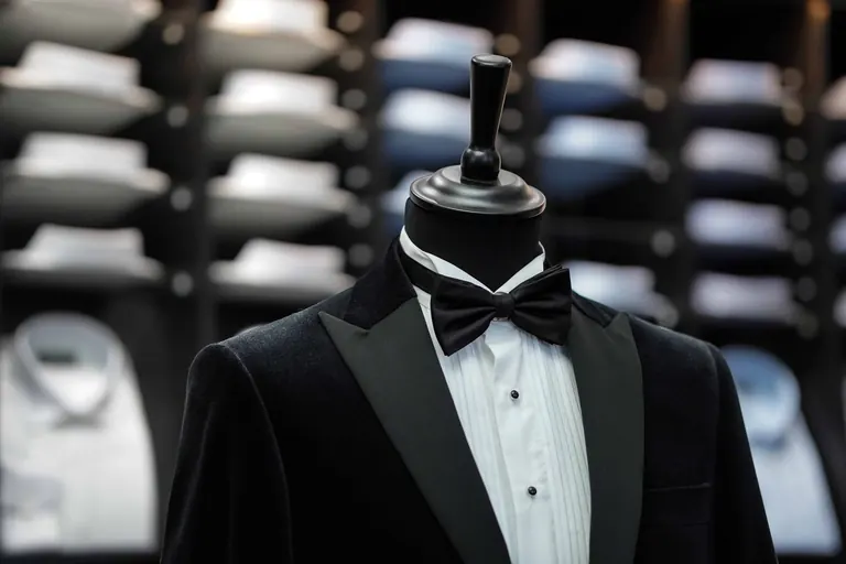 Hidalgo Brothers, Savile Row, London. A velvet dinner jacket on a stand in front of the shirt wall.